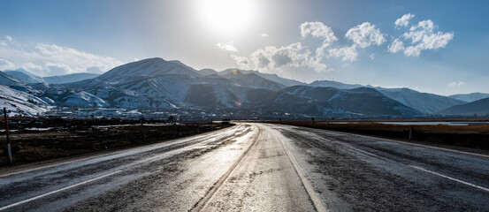 Beautiful road landscape with snowy mountains. Van, Turkey.4