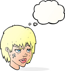 cartoon woman with plaster on face with thought bubble