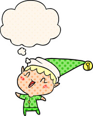 cartoon happy christmas elf and thought bubble in comic book style