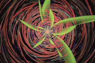 Red green pattern of curved waves and shapes on a black background. Abstract fractal 3D rendering