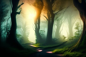 Forest road, ancient trees, calm evening atmosphere, colorful land - generative ai