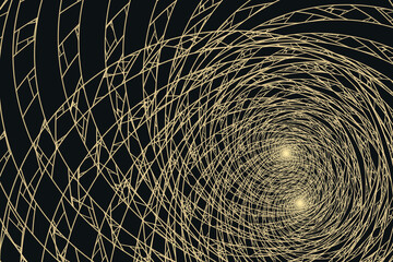 Yellow swirling pattern of curved lines on a black background. Abstract fractal 3D rendering