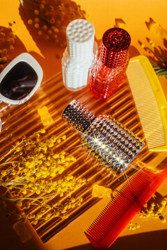 Composition with perfume bottles.