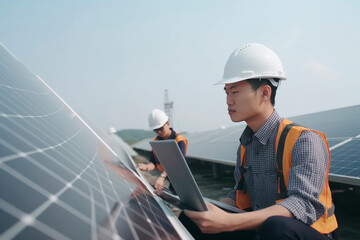 Asian man and big business solar photovoltaic panels, created with Generative AI Technology