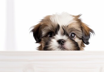 Adorable Shih Tzu Puppy Peeking Out from Behind White Table with Copy Space, Isolated on White Background. Generative AI.