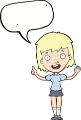 cartoon woman pointing with speech bubble