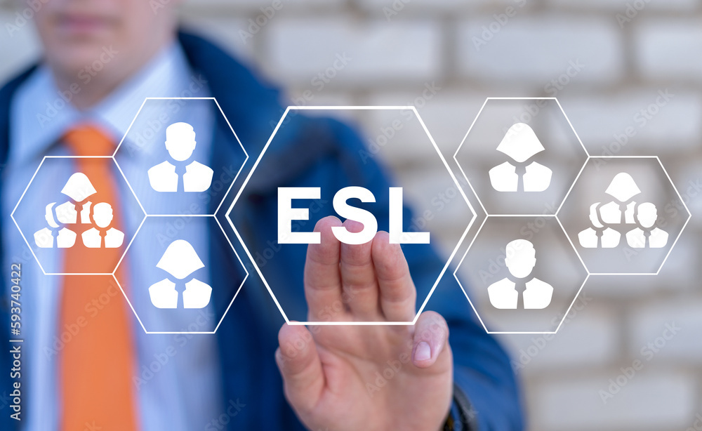 Poster businessman using virtual touchscreen presses abbreviation: esl. concept of esl english as a second 