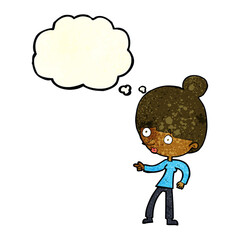 cartoon woman pointing with thought bubble