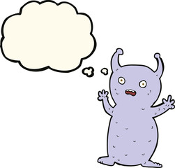 cartoon funny little alien with thought bubble
