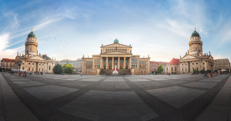Fototapeta na wymiar Panoramic View of Gendarmenmarkt Square with French and German Cathedrals and Berlin Concert Hall - Berlin, Germany