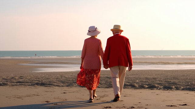 An elderly retired couple strolling along the beach in the summer. Strong relationship preserved in old age, created with Generative AI Technolog