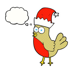 thought bubble cartoon robin in christmas hat