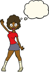 cartoon woman dancing with thought bubble