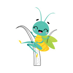 Cute grasshopper. Funny insect cartoon character sitting on grass vector illustration