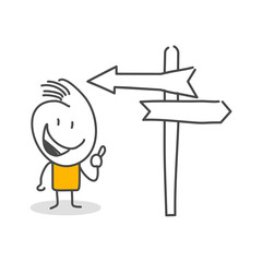 Stick figures. Arrow Steering Post. Isolated on white background. Hand drawn Doodle Line Art Cartoon Design character.