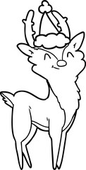 line drawing of a happy stag wearing santa hat