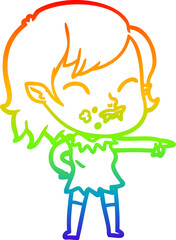 rainbow gradient line drawing cartoon vampire girl with blood on cheek