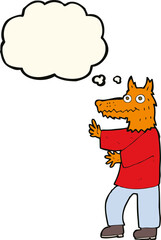 cartoon funny fox man with thought bubble