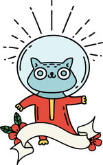 banner with tattoo style cat in astronaut suit
