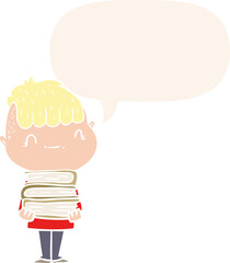 cartoon friendly boy and books and speech bubble in retro style