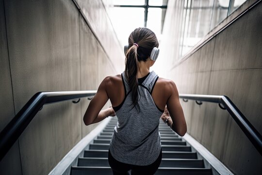 Female runner from the back with headphones burning calories with a cardio workout running upstairs - Generative AI