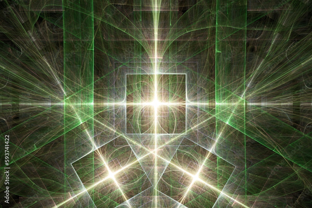 Poster green yellow glowing pattern of curved shapes and rays on a black background. abstract fractal 3d re