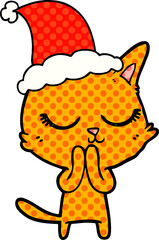 calm comic book style illustration of a cat wearing santa hat