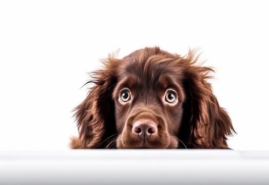 Adorable Sussex Spaniel Puppy Peeking Out from Behind White Table with Copy Space, Isolated on White Background. Generative AI.