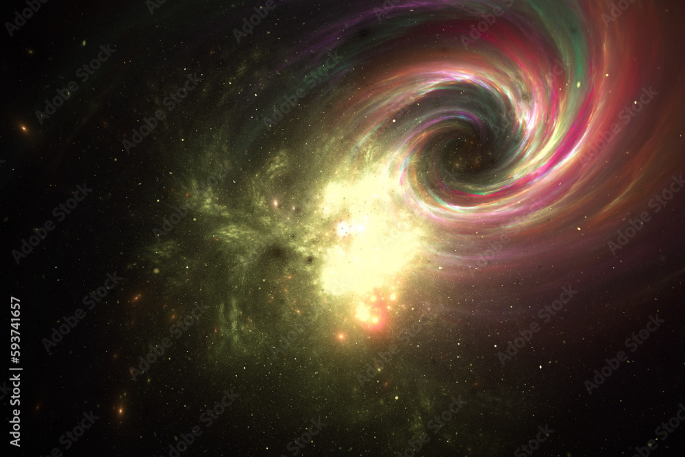 Aufkleber yellow red glowing star dust clouds with swirling disk in black space. abstract fractal 3d rendering