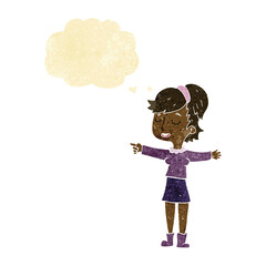 cartoon happy woman pointing with thought bubble