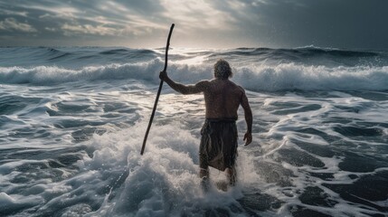 Moses separating the sea with his stick. Prophecy. Crossing the red sea. Part of biblical narrative. Sea in exodus. AI Generated  - obrazy, fototapety, plakaty
