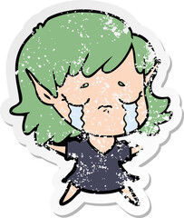 distressed sticker of a cartoon crying elf girl