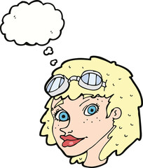 cartoon happy woman wearing aviator goggles with thought bubble
