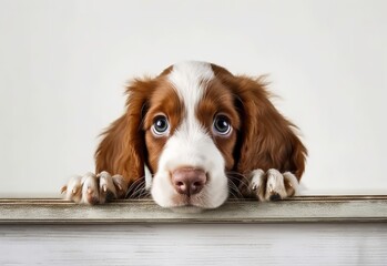 Adorable Welsh Springer Spaniel Puppy Peeking Out from Behind White Table with Copy Space, Isolated on White Background. Generative AI.