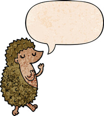 cartoon hedgehog and speech bubble in retro texture style
