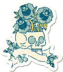 grunge sticker with banner of a skull and roses