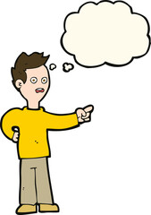 cartoon shocked boy pointing with thought bubble