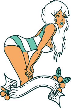 tattoo style icon  of a pinup girl in swimming costume with banner