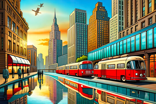 Colorful retro urban city, contemporary cartoon cityscape art illustration background Generative AI