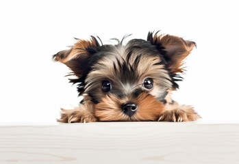 Adorable Yorkshire Terrier Puppy Peeking Out from Behind White Table with Copy Space, Isolated on White Background. Generative AI.