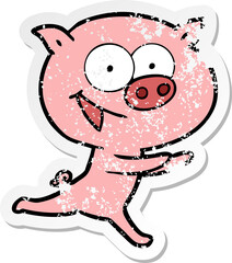 distressed sticker of a cheerful pig cartoon