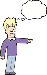 cartoon man accusing with thought bubble