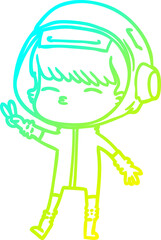 cold gradient line drawing cartoon spacegirl making peace sign