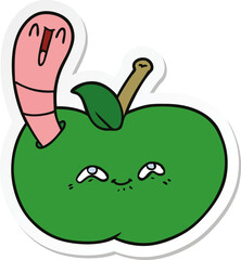 sticker of a cartoon worm in happy apple