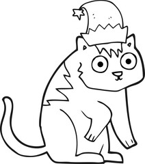black and white cartoon cat wearing christmas hat
