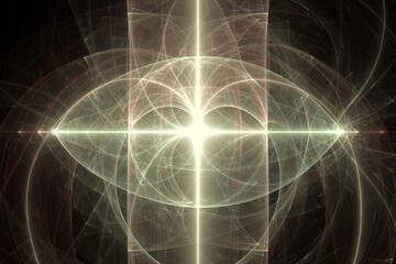 Obraz premium Yellow glowing pattern of curved shapes and rays on a black background. Abstract fractal 3D rendering