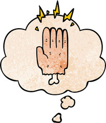 cartoon magic halloween zombie hand and thought bubble in grunge texture pattern style