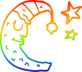 rainbow gradient line drawing cartoon moon with sleeping cap