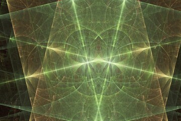 Green glowing pattern of curved shapes and rays on a black background. Abstract fractal 3D rendering