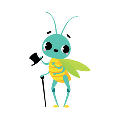 Cute grasshopper gentleman with top hat and walking cane. Funny insect cartoon character vector illustration
